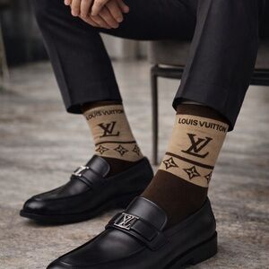 Louis Vuitton Brown & Tan Monogram Crew Socks with LV Logo